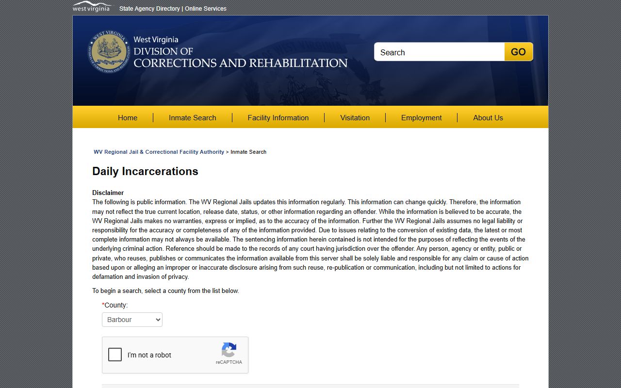 Doddridge County Daily Incarcerations admissions search