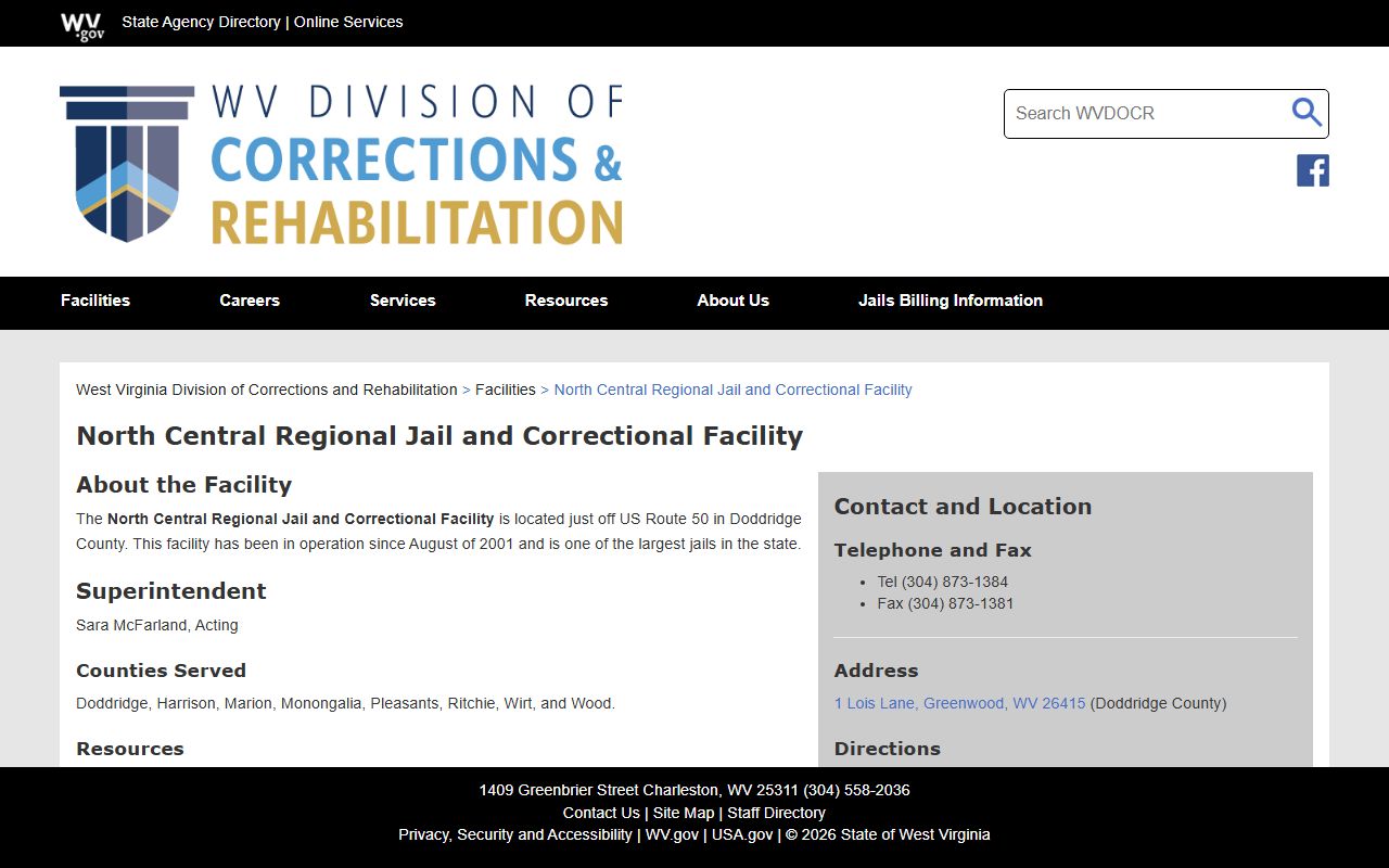 North Central Regional Jail and Correctional Facility inmate lookup source page for Doddridge County