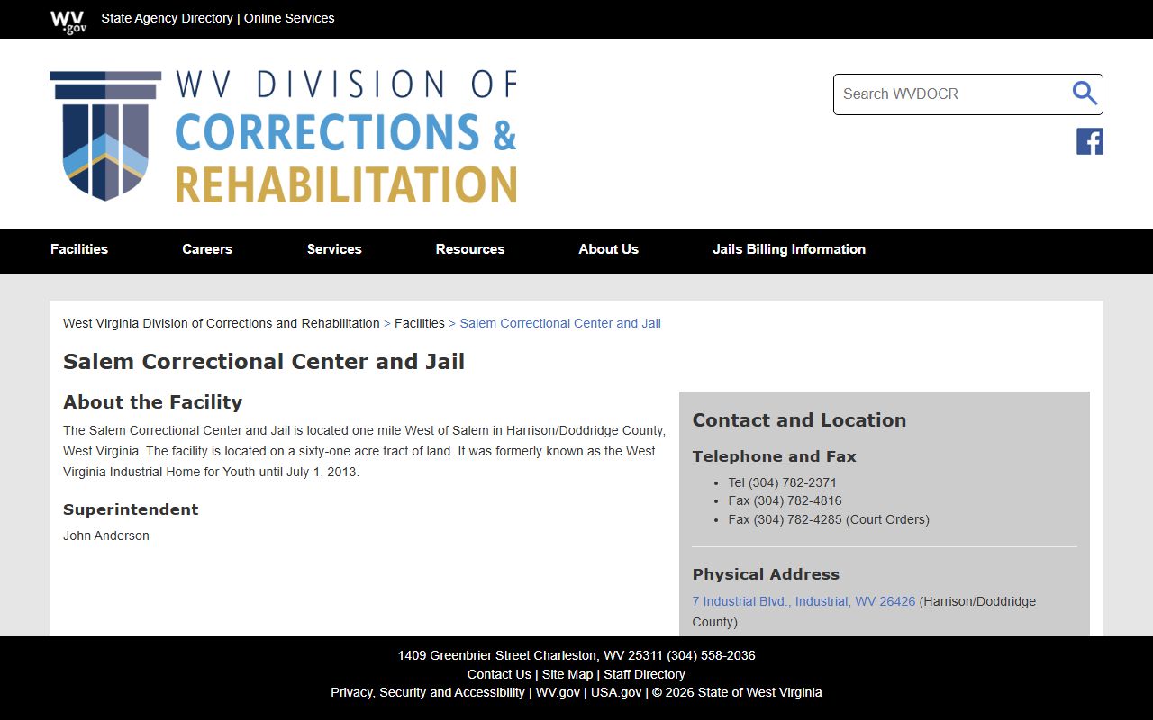 Salem Correctional Center and Jail inmate search source page for Doddridge County