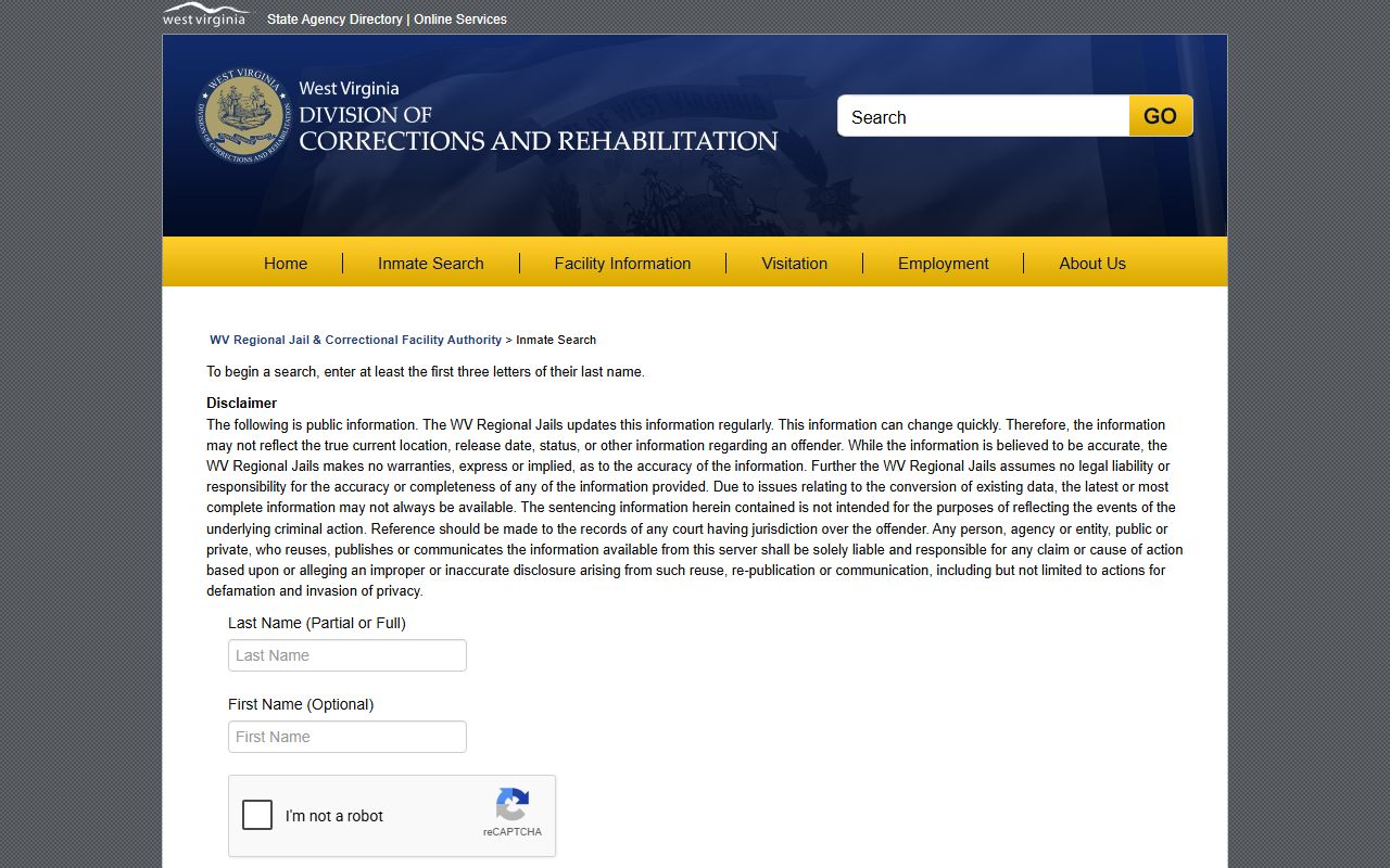 Doddridge County inmate records WV Regional Jail search form